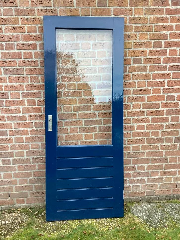Meranti Stompe Deur met Glas, Doe-het-zelf en Verbouw, Deuren en Horren, Gebruikt, Buitendeur, 200 tot 215 cm, 80 tot 100 cm, Hout