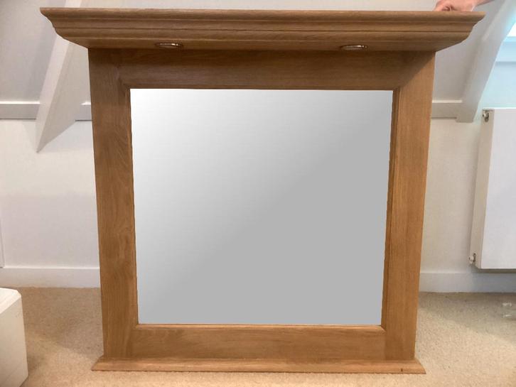 Grote massief eiken (geoliede) spiegel met ledspots, Huis en Inrichting, Woonaccessoires | Spiegels, Zo goed als nieuw, Minder dan 100 cm