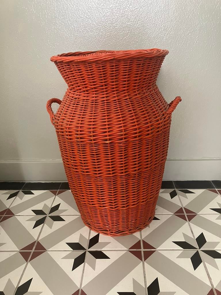 Grote oranje rieten retro vintage mand, speelgoedmand, Ophalen, Zo goed als nieuw, Rond, Riet