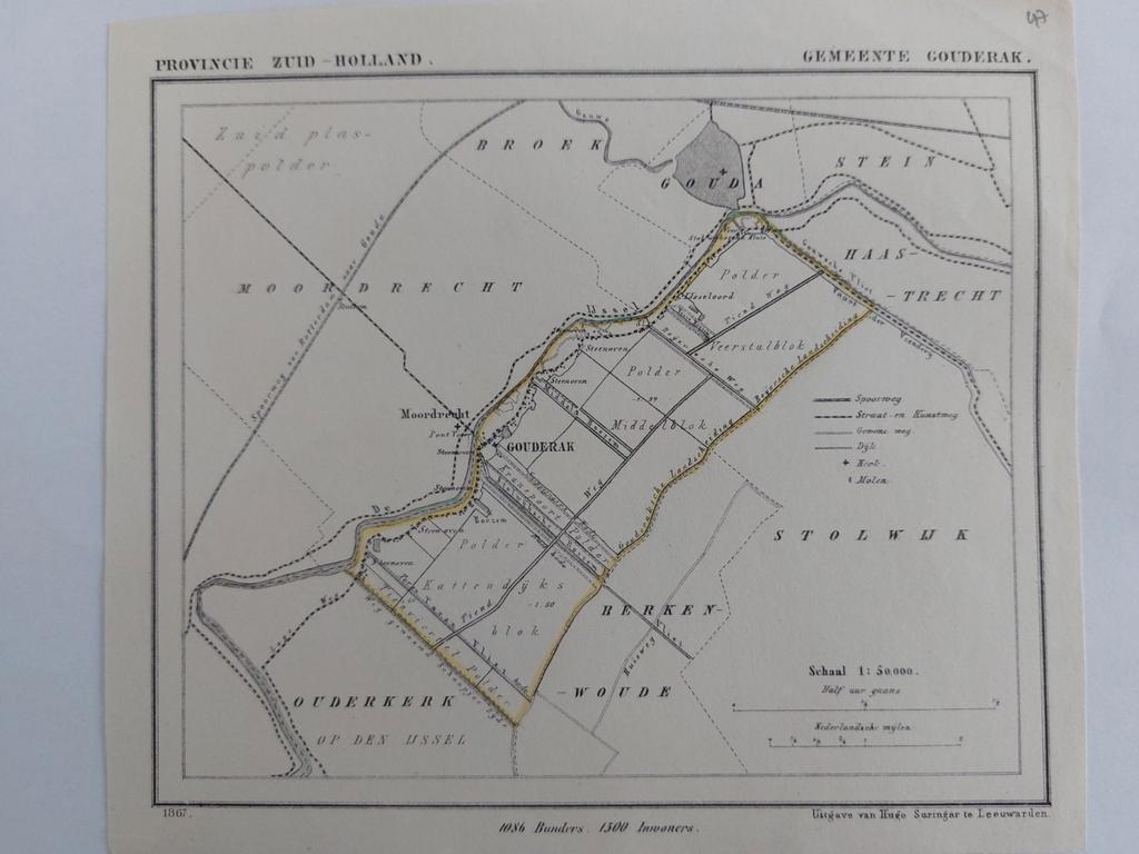 47 / Gouderak Gouda Moordrecht Litho uit 1867 van J. Kuyper, Antiek en Kunst, Ophalen of Verzenden