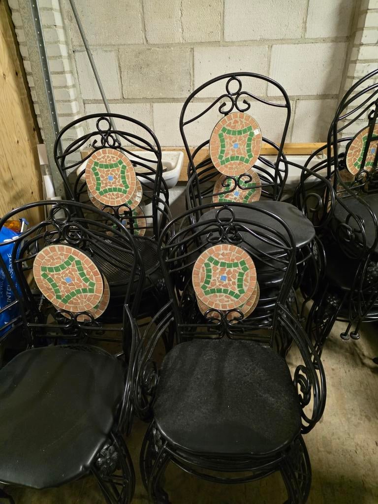 Set van 20 metalen stoelen met mozaïek rugleuning, Gebruikt, Zwart, Ophalen, Mozaïek, Tuin, Terras