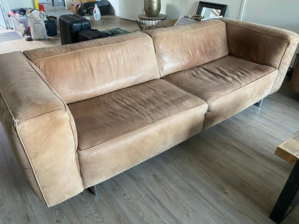 Leren banken, 3-zits en 4-zits, Huis en Inrichting, Banken | Bankstellen, Ophalen, 250 tot 300 cm, Gebruikt, Rechte bank