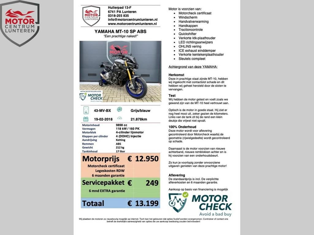 YAMAHA MT 10 SP ABS, Motoren, Motoren | Yamaha, 4 cilinders, Motorrijbewijs A, Bedrijf, Onbekend