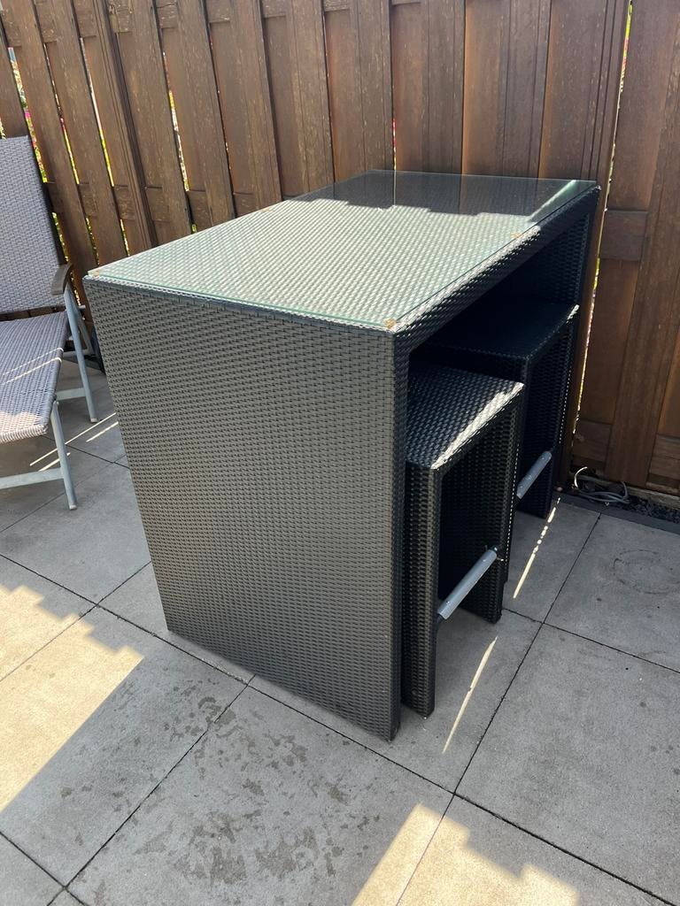 Hoge tuintafel met krukken, Ophalen, Gebruikt, Rechthoekig, Aluminium