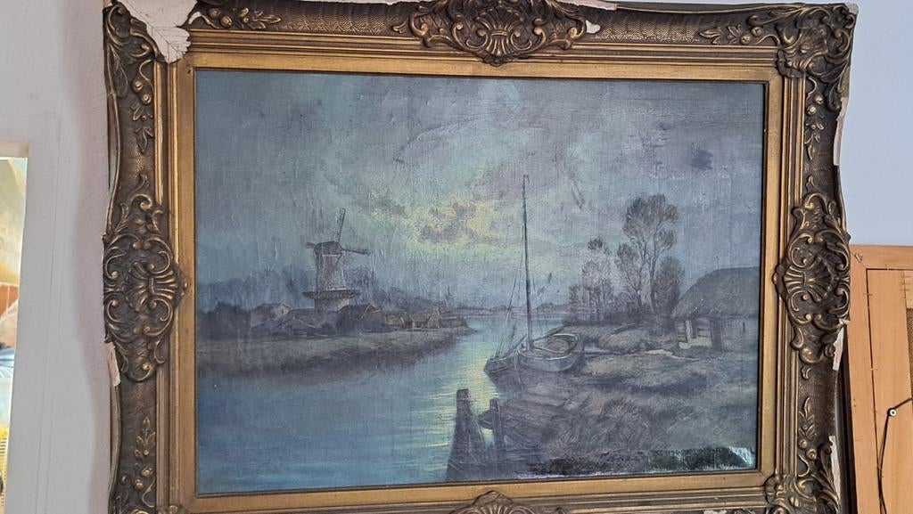 Oud Hollands Landschap Schilderij met Molen en Boten, Ophalen of Verzenden