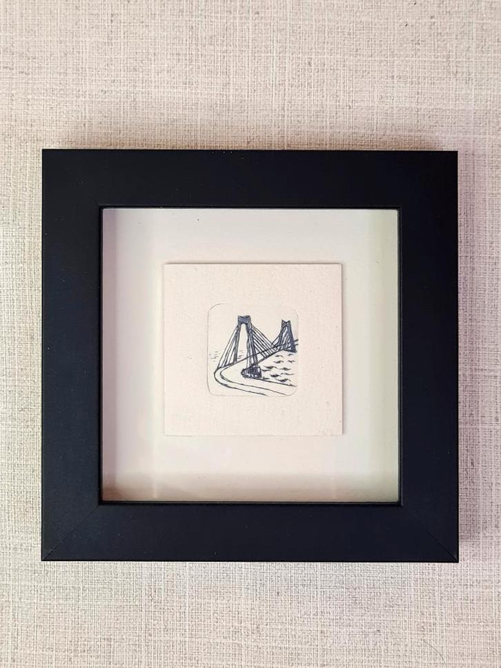 Etsje van de Willemsbrug, Rotterdam met 3D lijstje 10x10 cm, Huis en Inrichting, Woonaccessoires | Schilderijen, Tekeningen en Foto's