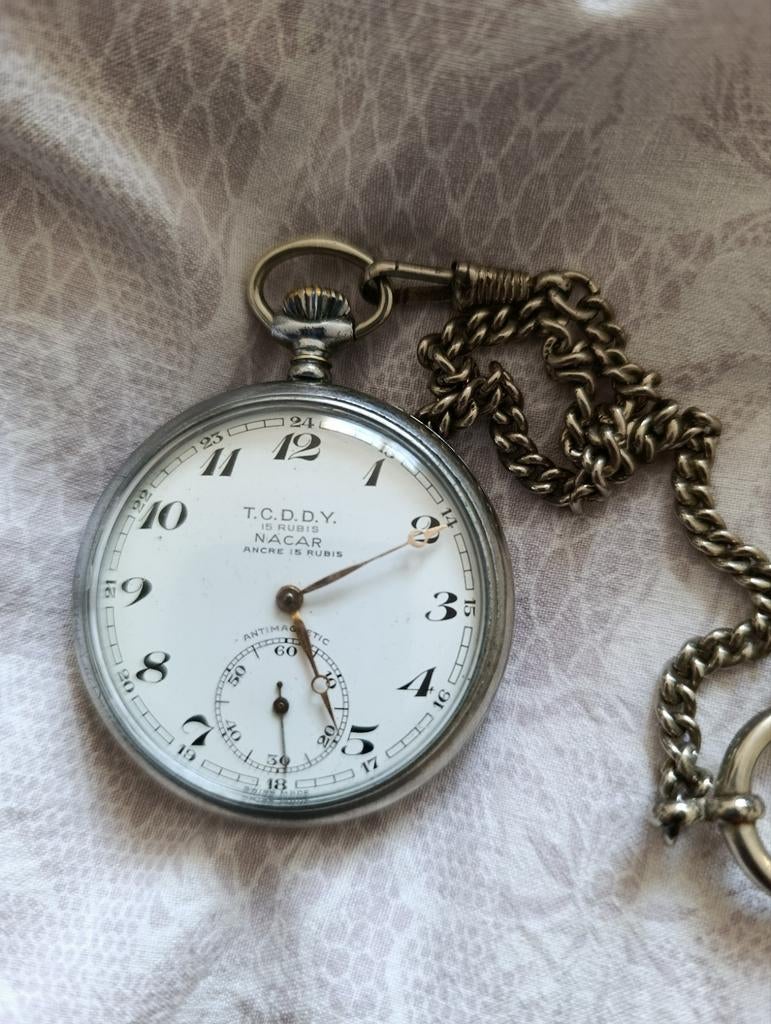 Antiek Nacar TCDD zakhorloge met ketting, Antiek en Kunst, Ophalen of Verzenden