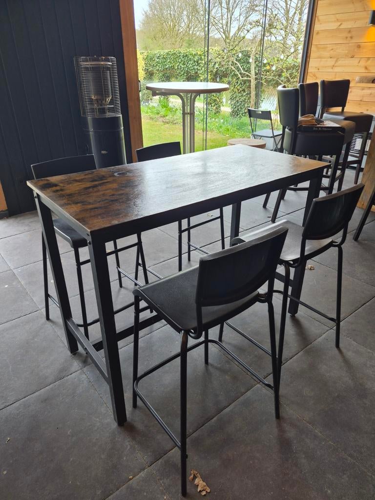 Hoge tafel met 6 barkrukken - Industrieel design, Gebruikt, 100 tot 150 cm, 50 tot 100 cm, Vier personen