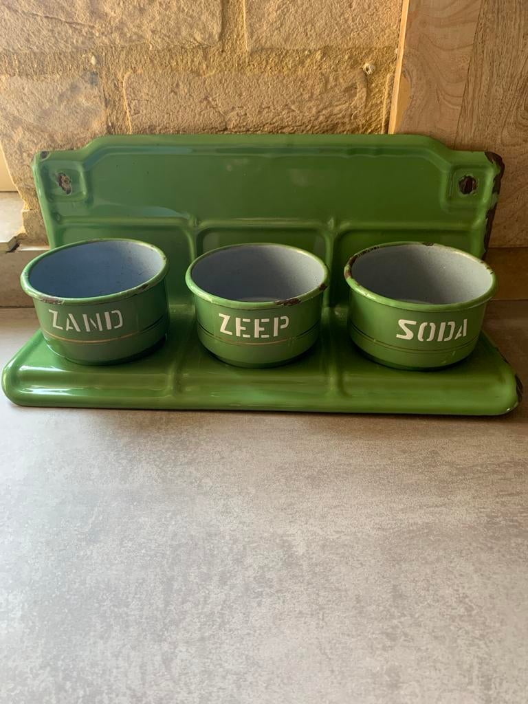 Vintage Emaille Groene Bakjes met Rekje - Zand, Zeep, Soda, Antiek en Kunst, Ophalen