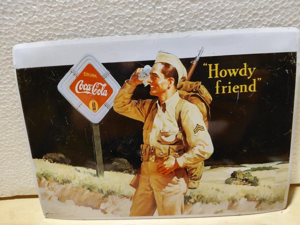 Vintage Coca-Cola Reclamebord "Howdy friend" - Aluminium, Verzamelen, Merken en Reclamevoorwerpen, Ophalen of Verzenden