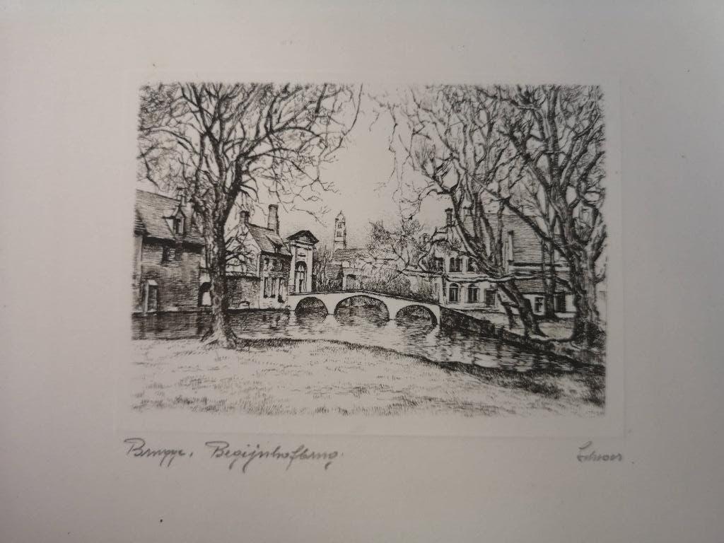 Ets Begijnhofbrug Brugge, Ophalen of Verzenden, Stadsgezicht, Ets, Gesigneerd