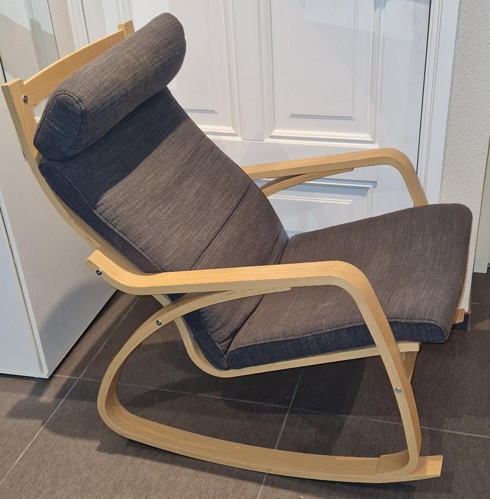 IKEA POÄNG Schommelstoel met kussen Skiftebo donkergrijs, Ophalen, Modern, Scandinavisch, Zo goed als nieuw, Stof
