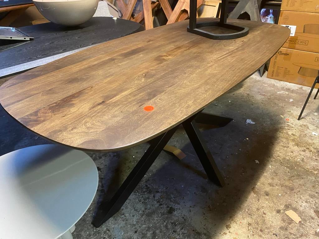 Deense ovale eettafel massief hout 180x90 met stalen poot, Ophalen, Nieuw, 50 tot 100 cm, 150 tot 200 cm