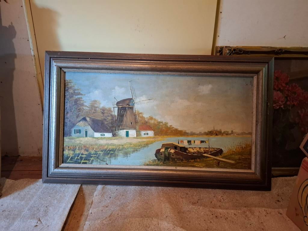 Schilderij met molen en boot, Antiek en Kunst, Kunst | Schilderijen | Klassiek, Ophalen