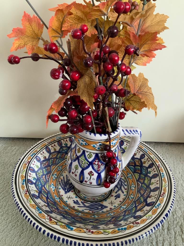 Decoratieve vaas en schaal met Tunesis patroon, Ophalen, Overige kleuren, Aardewerk of Porselein, Zo goed als nieuw