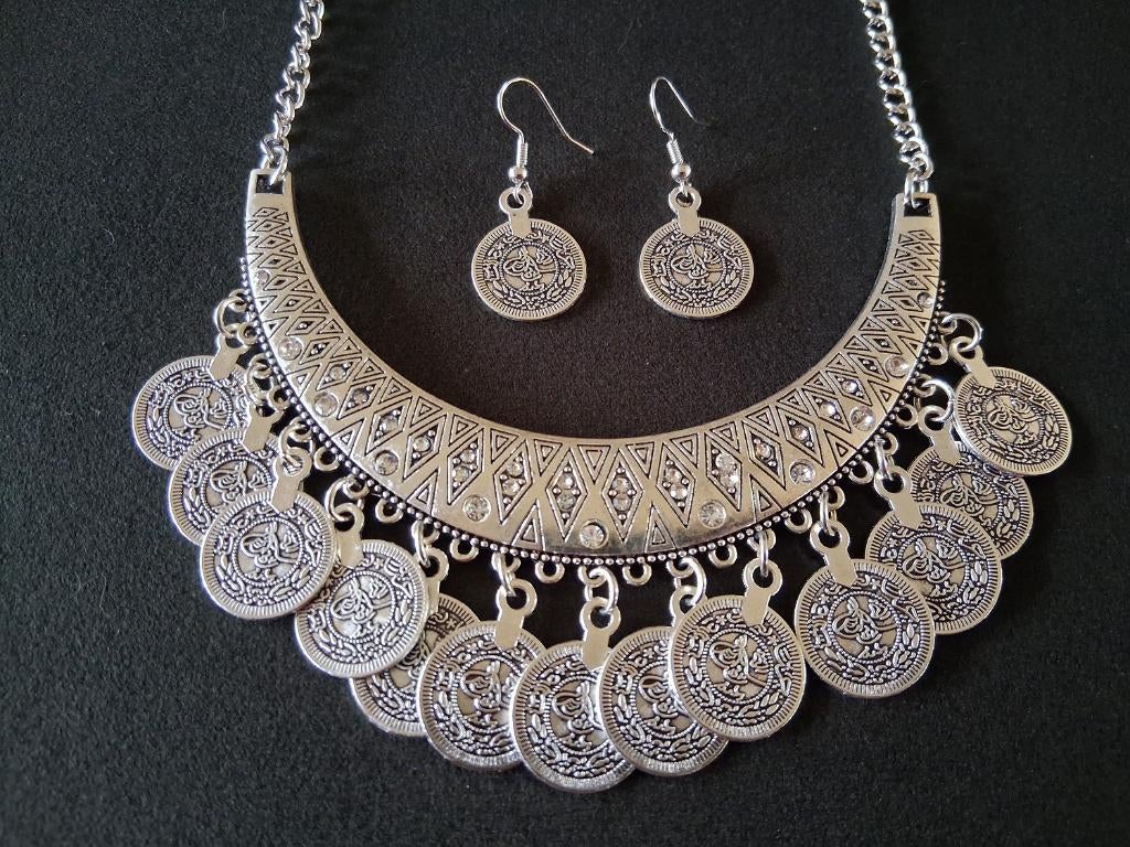 Vintage Gypsy set Choker met Tugra muntjes, Ophalen of Verzenden, Nieuw, Zilver, Overige materialen