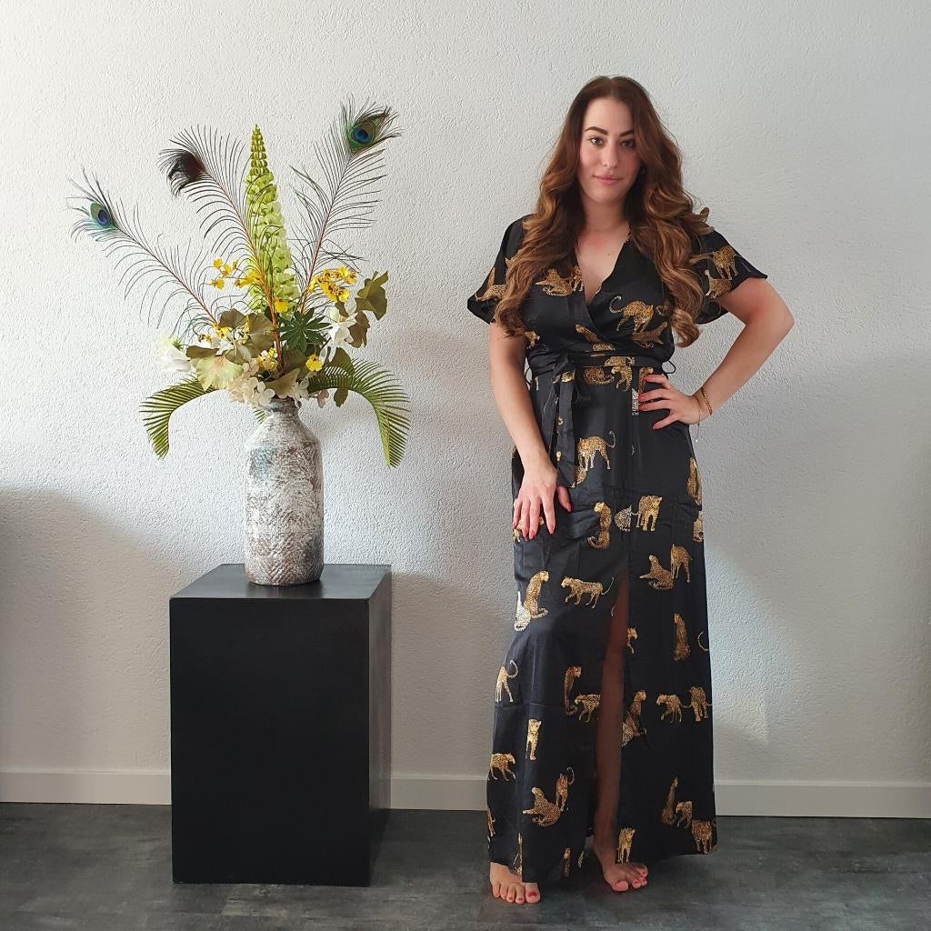 Zwarte lang jurk met tijgers/luipaarden, Kleding | Dames, Maat 38/40 (M), Verzenden, Zwart, Nieuw