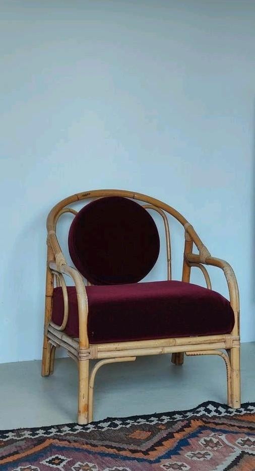Bamboe en rotan fauteuil met mohair bekleding, Ophalen, Gebruikt, 75 tot 100 cm, Stof