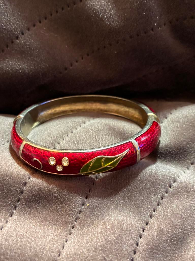 Vintage geëmailleerde cloisonnéarmband bloemen & vlinder, Overige materialen, Gebruikt, Ophalen of Verzenden, Rood