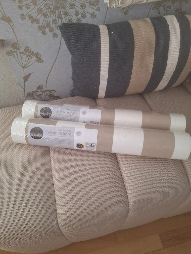Behang streep taupe/wit vinyl 2 rollen, Ophalen of Verzenden, Wit