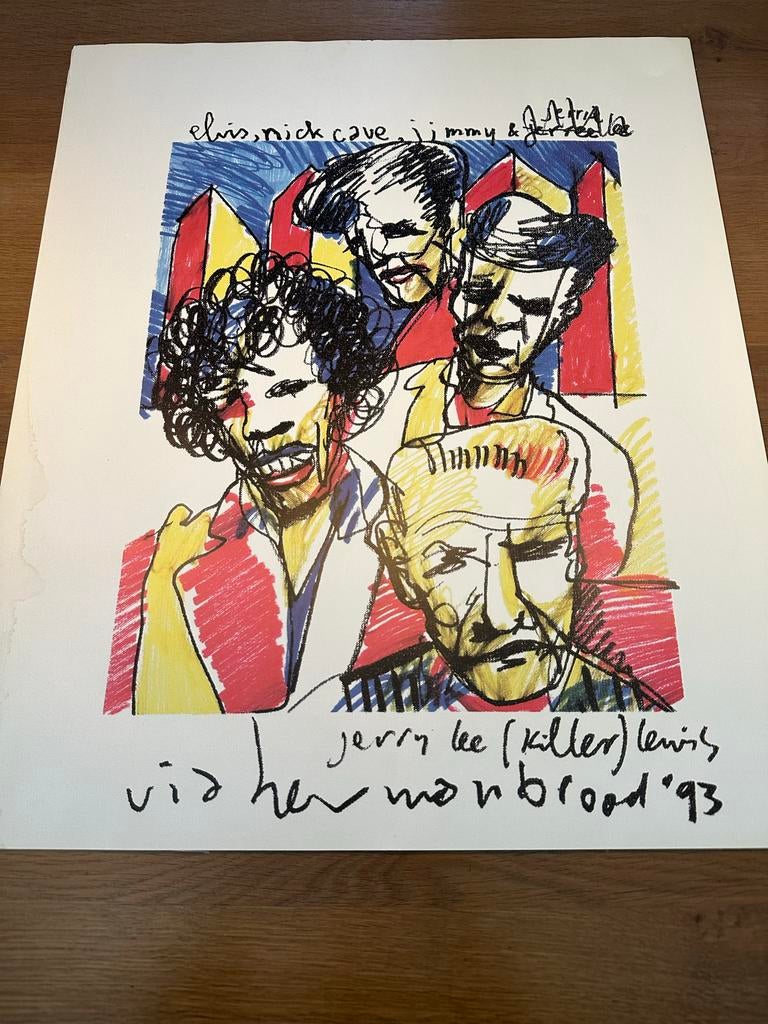 Herman Brood print '93 met Elvis, Nick Cave, Jimi & Jerry Le, Ophalen of Verzenden