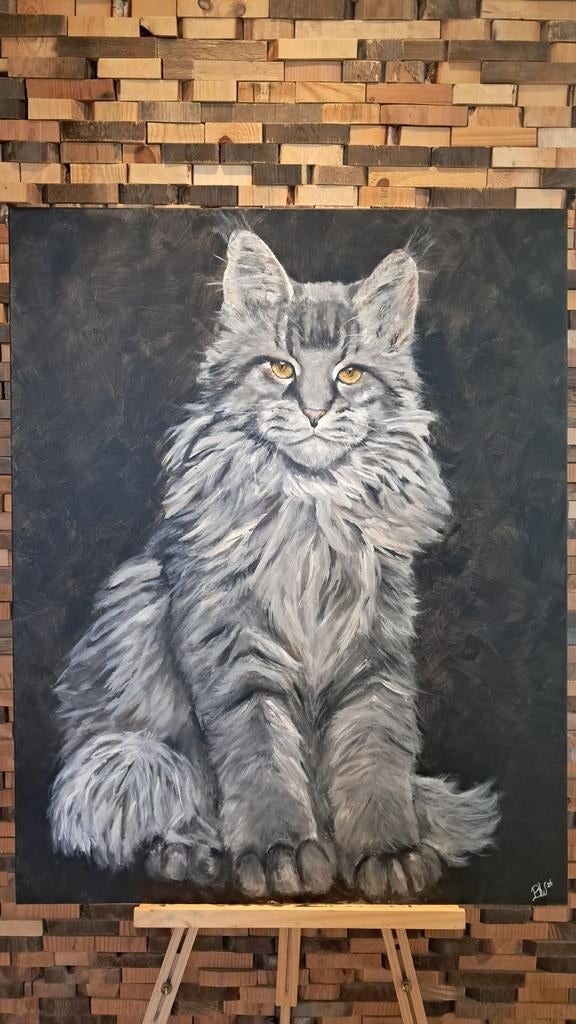 Acrylschilderij Main Coon Kat 80x100 cm, Antiek en Kunst, Kunst | Schilderijen | Modern, Ophalen of Verzenden