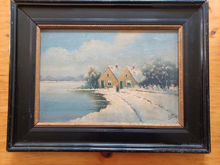 Sfeervol winter schilderij gesigneerd J. Vries, Antiek en Kunst, Kunst | Schilderijen | Klassiek, Ophalen of Verzenden