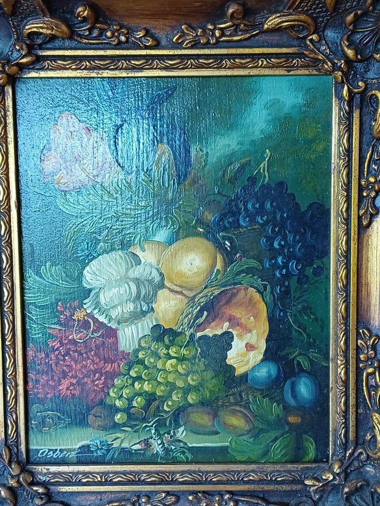 Olieverf op paneel: Stilleven met fruit en bloemen, Ophalen of Verzenden