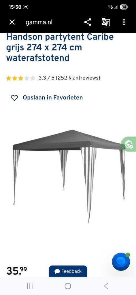 HandsOn Partytent Caribisch Grijs 274x274cm Waterafstotend, Ophalen, Gebruikt, Partytent, Minder dan 4 meter
