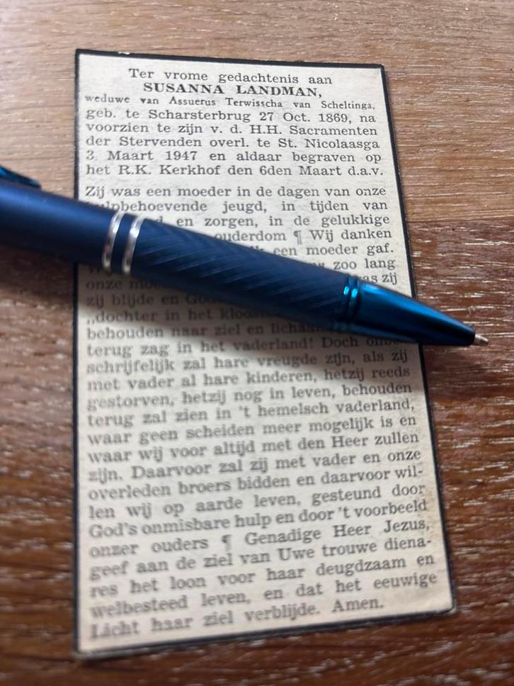 Landman Susanna 1869 Scharsterbrug 1947 St Nicolaasga x, Verzamelen, Bidprentjes en Rouwkaarten, Bidprentje, Ophalen of Verzenden