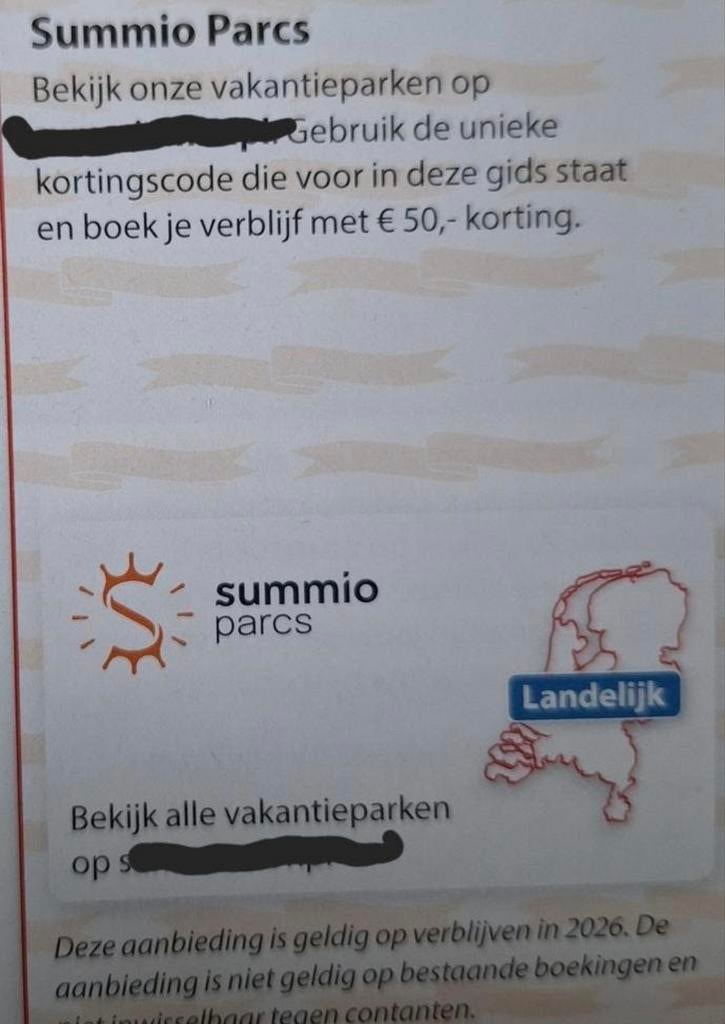 Summio Parcs 50 euro korting, Tickets en Kaartjes, Kortingen en Cadeaubonnen, Drie personen of meer, Kortingsbon, Bungalowpark