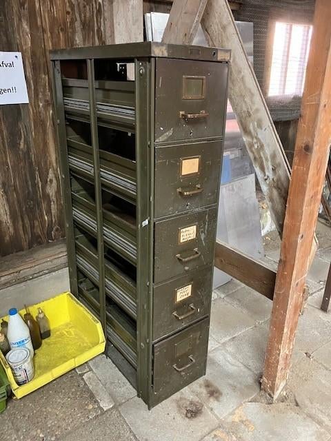 Stalen industriele ladekast, legergroen met 5 lades, Ophalen, Gebruikt, 5 laden of meer, 100 tot 150 cm