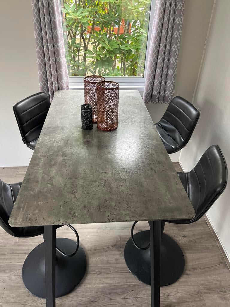 Hoge eethoek met 4 verstelbare draaistoelen van en tafel, Gebruikt, 100 tot 150 cm, Metaal, Modern