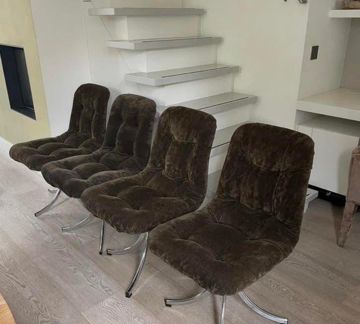 4x Gastone Rinaldi vintage eetkamerstoelen / 1970 for Rima, Huis en Inrichting, Stoelen, Ophalen, Bruin, Zo goed als nieuw, Vier
