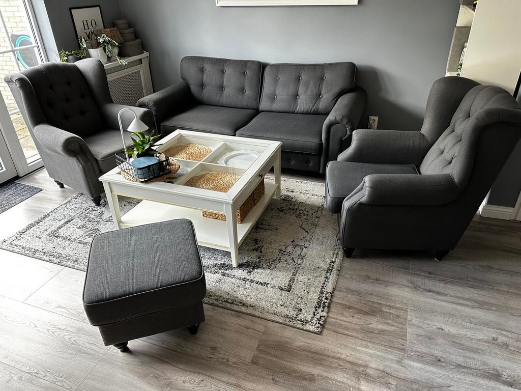 3-zits bank + 2 fauteuils + poef (tafel gratis), Ophalen, Gebruikt, Stof