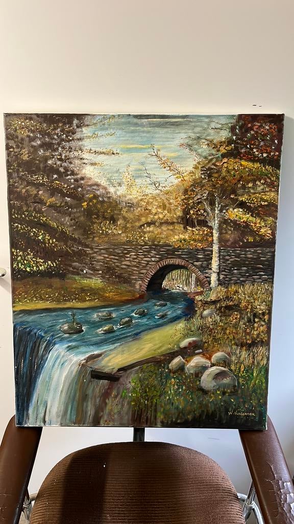 Schilderij van een landschap met een stenen brug over een be, Ophalen of Verzenden