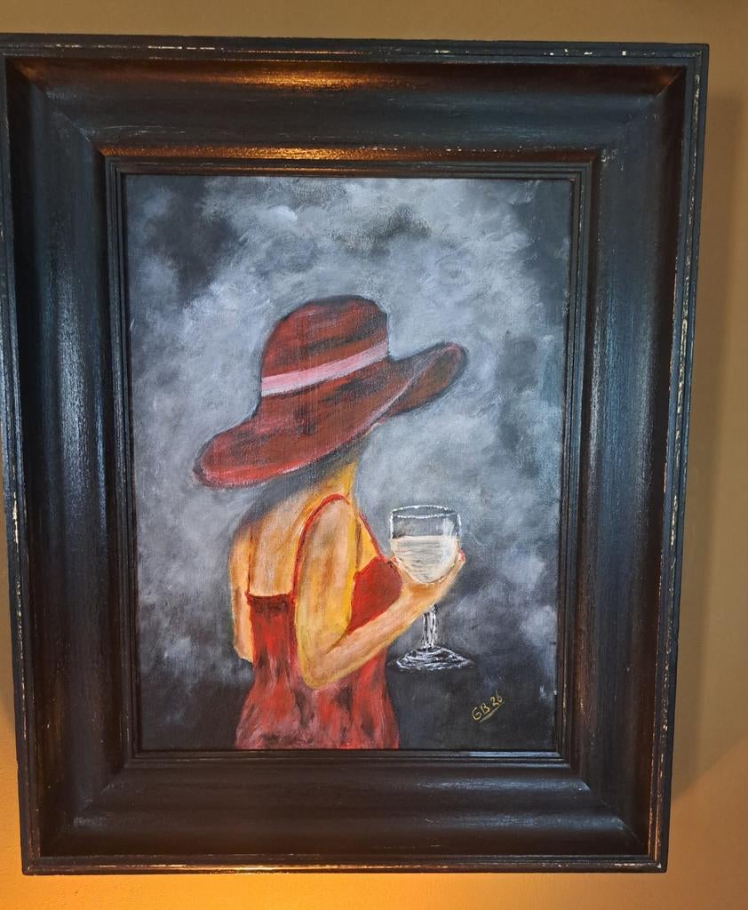 Schilderij vrouw met rode hoed en glas witte wijn, Ophalen of Verzenden