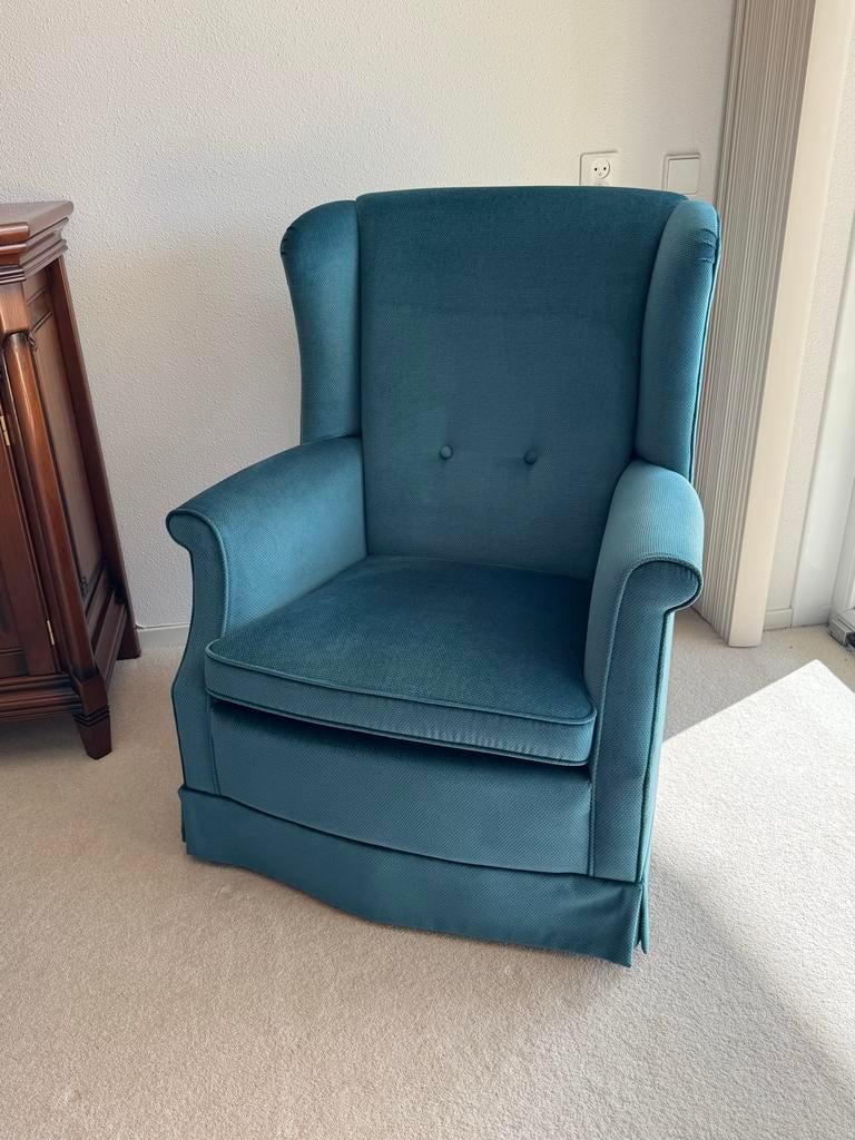 Groen-Blauwe fauteuil met voetenbank, Huis en Inrichting, Fauteuils, Ophalen, Gebruikt, 75 tot 100 cm, Klasiek