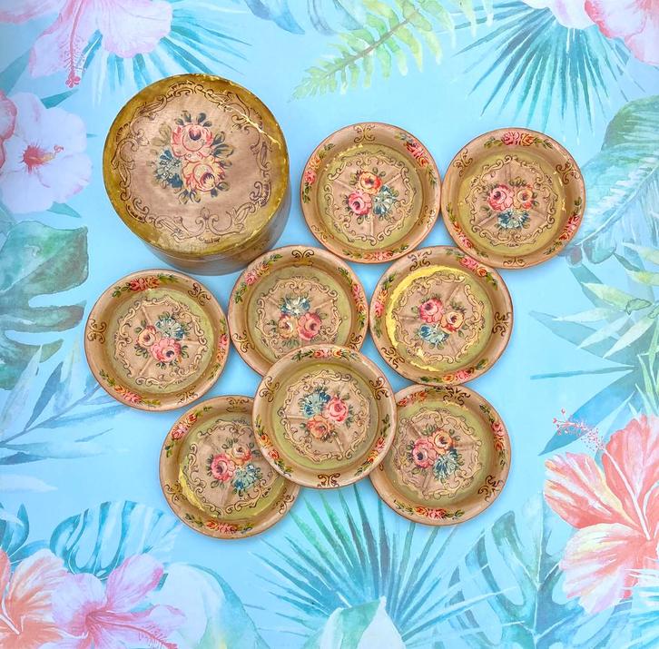 Handgeschilderde vintage Japanse Onderzetters in opberg box, Huis en Inrichting, Woonaccessoires | Onderzetters, Zo goed als nieuw