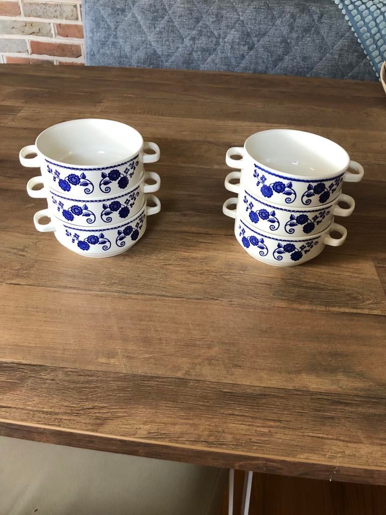 Set van 6 blauwe soepkommen met handvatten, Ophalen, Gebruikt, Keramiek, Kom(men)