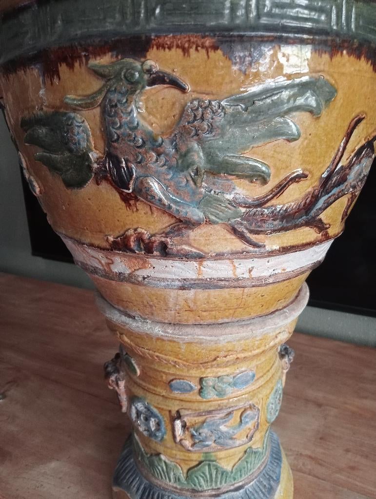 Prachtige Aziatische piëdestal bloempot hocker met Vuurvogel, Antiek en Kunst, Ophalen