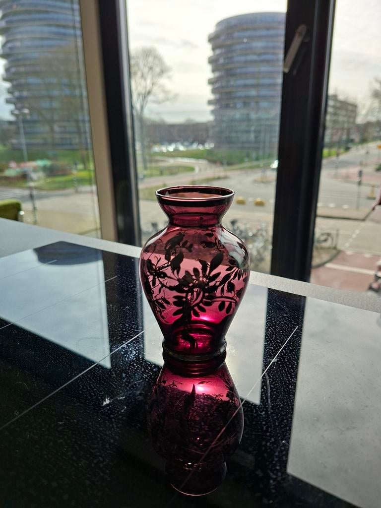 Vintage Pruimkleurig Murano Glazen Vaasje met Zilver Overlay, Antiek en Kunst, Ophalen of Verzenden