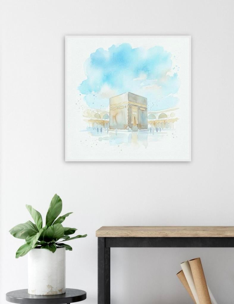 Minimalistische aquarel Kaaba Mekka - Ingelijst, 50 tot 75 cm, Verzenden, Nieuw, Print