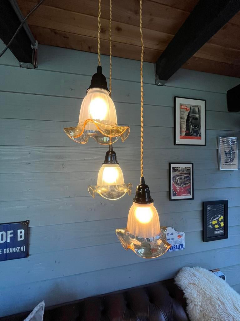 Vintage brocante cascade lamp met gouden lamp kapjes, Gebruikt, Vintage brocante cascade lamp frans, Ophalen of Verzenden, Glas