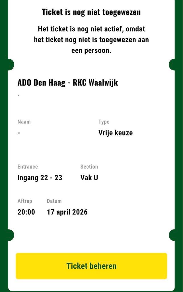 Ticket ADO - RKC, Tickets en Kaartjes, Sport | Voetbal, Eén persoon, April