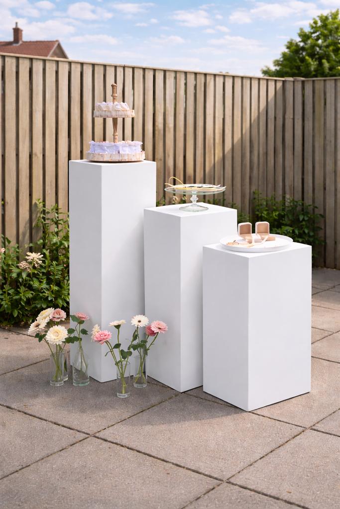 Luxe witte pilaren te huur – met of zonder bloemstukken, Ophalen, Zo goed als nieuw