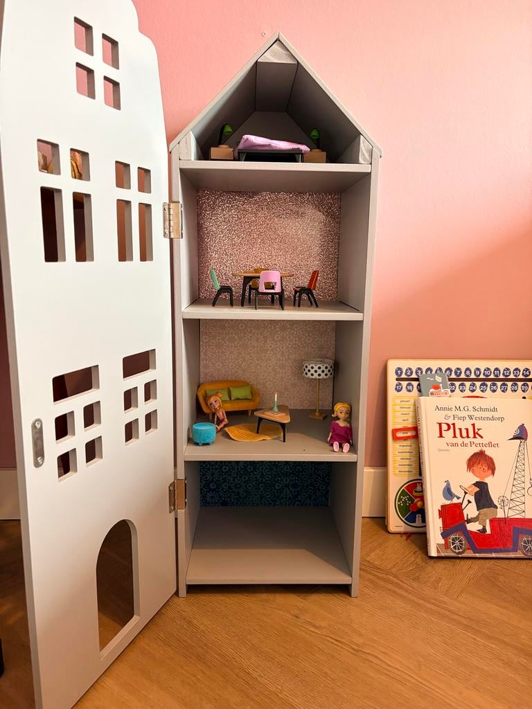HEMA grachtenpand poppenhuisje met Djeco meubels, Ophalen, Gebruikt, Poppenhuis