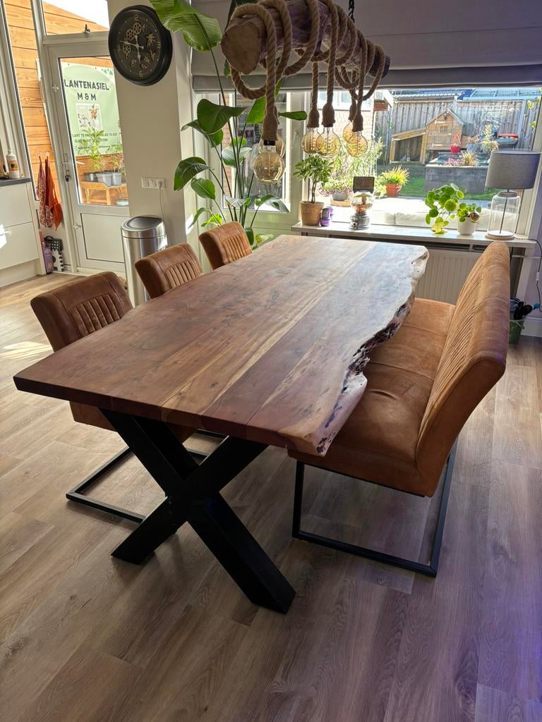 Acacia houten eettafel met 3 stoelen en bank, Ophalen, Gebruikt, 100 tot 150 cm, 200 cm of meer