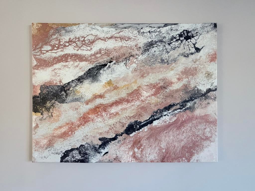 Abstract schilderij Acryl pouring goud antraciet rose, Ophalen