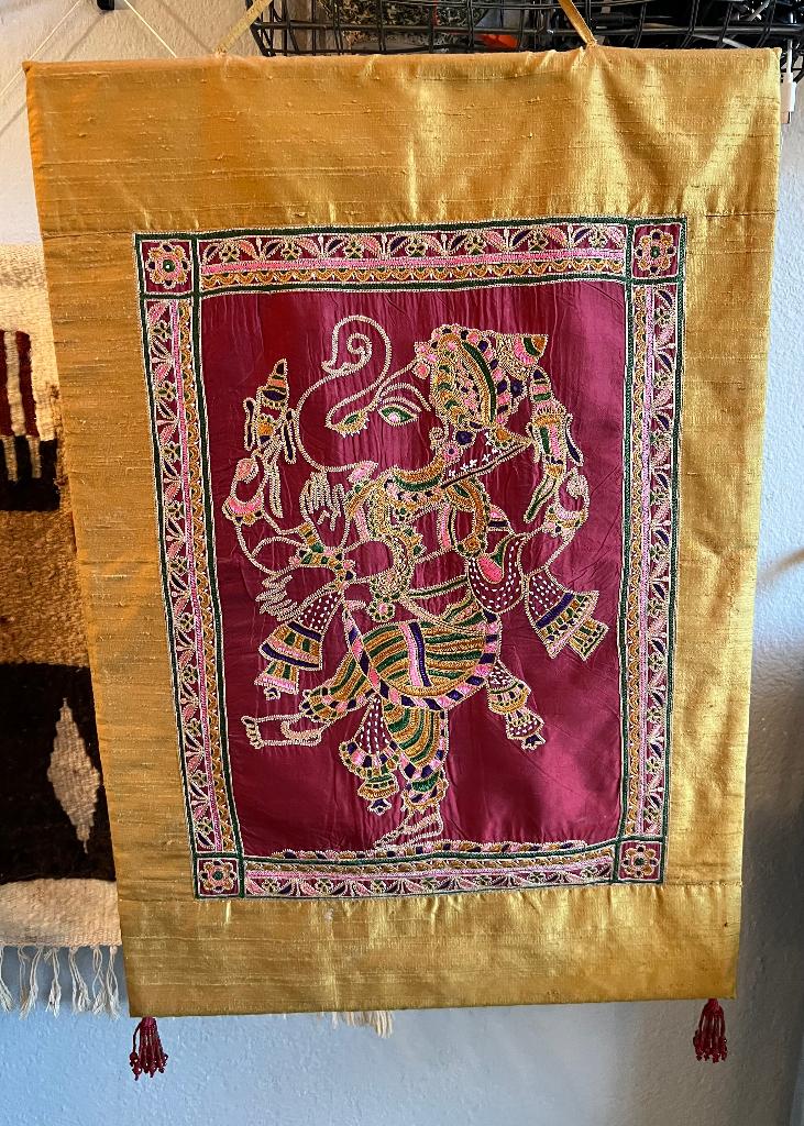 Vintage zijde wandkleed geborduurd kralen boho Ganesha india, Antiek en Kunst, Ophalen of Verzenden
